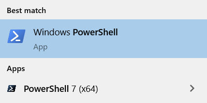 The Windows PowerShell application within Windows Search The Windows PowerShell application within Windows Search