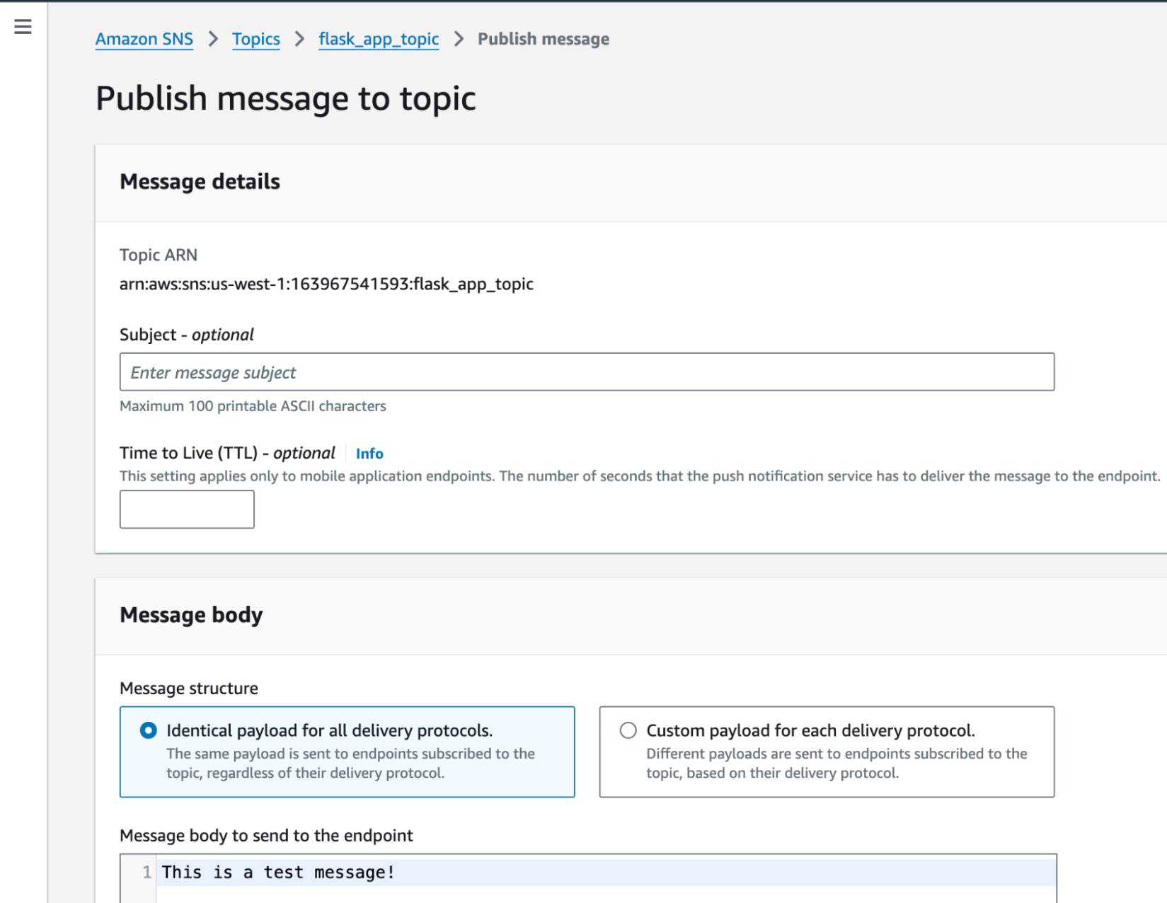 AWS SNS UI for publishing messages to all topic subscribers. AWS SNS UI for publishing messages to all topic subscribers.