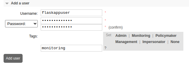 The RabbitMQ Admin interface showing the user creation process. The RabbitMQ Admin interface showing the user creation process.