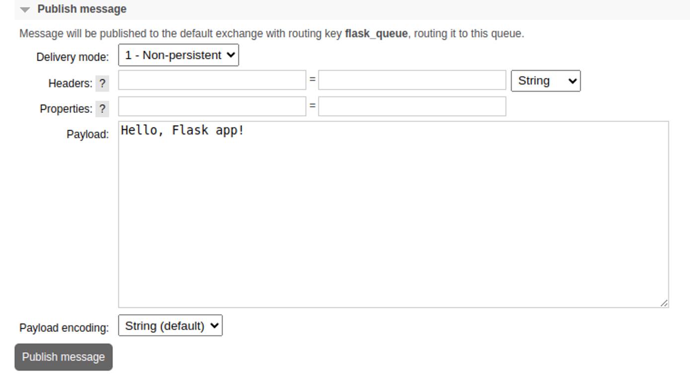 The RabbitMQ interface showing how to publish a message to a queue. The RabbitMQ interface showing how to publish a message to a queue.
