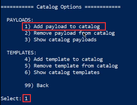 Luckystrike prompt - catalog options - add payload to catalog highlighted Luckystrike prompt - catalog options - add payload to catalog highlighted
