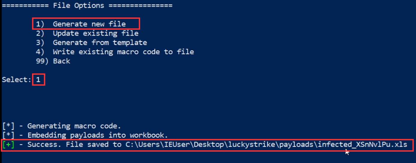 Luckystrike prompt - file options - generate new file highlighted Luckystrike prompt - file options - generate new file highlighted