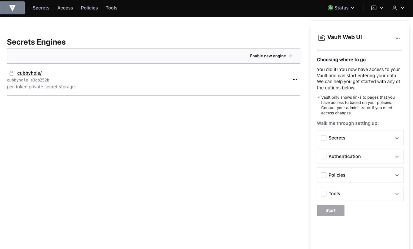 Screenshot of unsealed Vault web UI Screenshot of unsealed Vault web UI